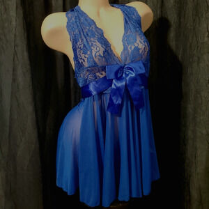 AVIDLOVE Babydoll Teddy Halter BLUE LACE & SATIN Semi Sheer Chemise Lingerie XXL